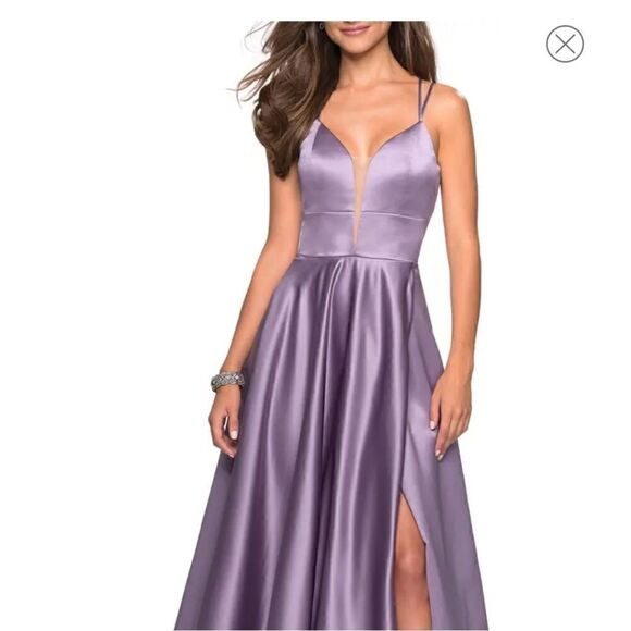 La Femme Dusty Lilac Strappy Back Satin Ballgown - Picture 1 of 7